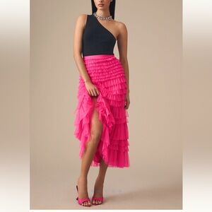 Anthropologie Let Me Be Ruffled Tulle Tiered Midi Skirt Hot Pink XS 0-2 : $168